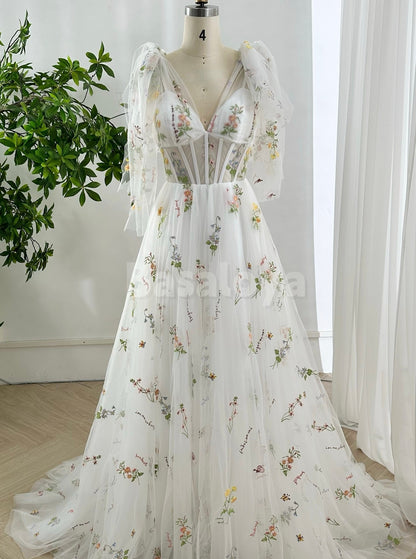 SP0335 Gorgeous Floral White V-Neck A-Line Pleats Prom Dress with Short Sleeves