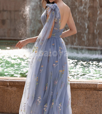 ED0119 Elegant Blue Printed Flower A-Line One Shoulder Evening Gowns