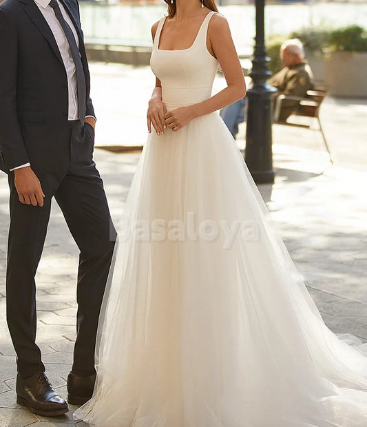 WD0071 Elegant White Square Neck A-Line Pleats Wedding Dress Bridal Gown
