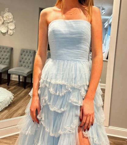 SP0098 Elegant Lavender Strapless A-Line Tiered Lace Prom Party Dress