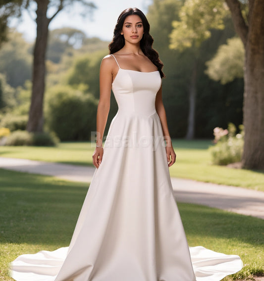 WD0004 Simple Spaghetti Straps A-Line Long Wedding Dress with Train