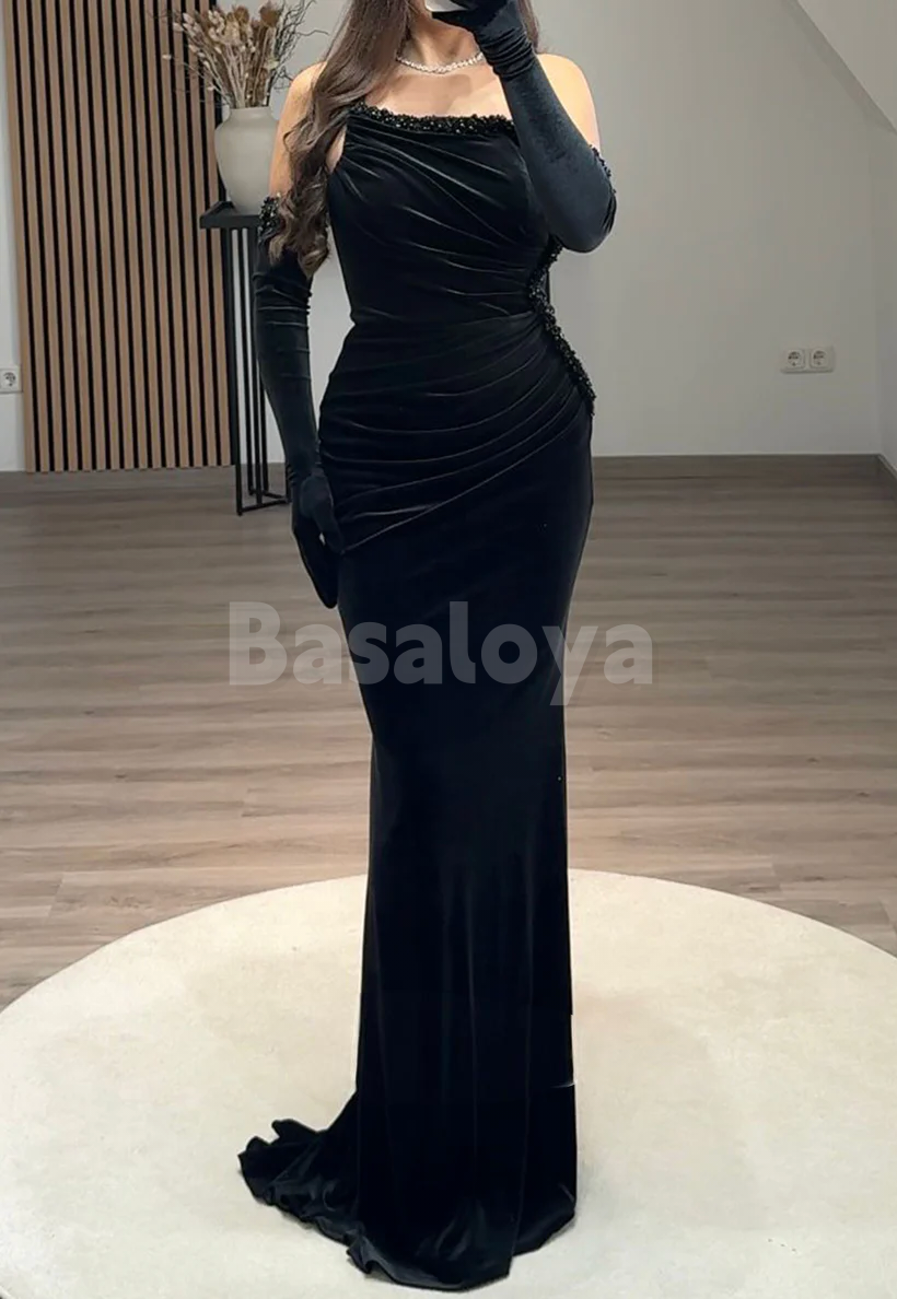 ED0067 Elegant Beaded Navy Strapless Mermaid Evening Dress with Gloves