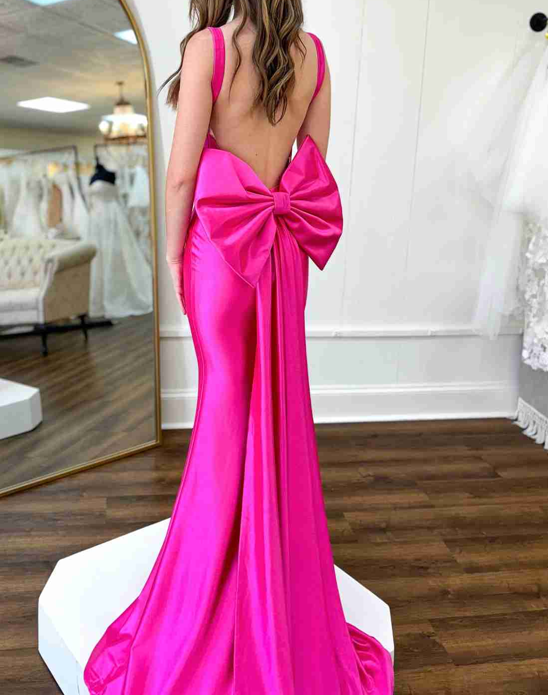 SP0226 Elegant Fuchsia Scoop Neck Mermaid Long Prom Dress with Bow