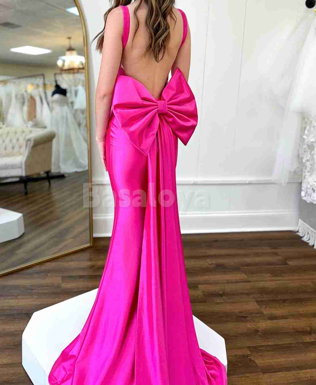 SP0226 Elegant Fuchsia Scoop Neck Mermaid Long Prom Dress with Bow
