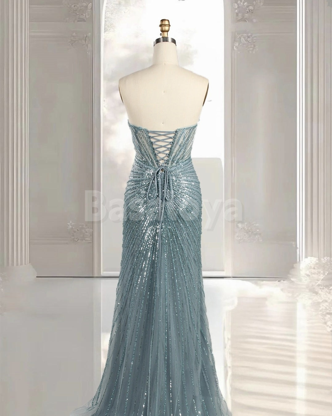 ED0036 Sparkly Lake Blue Beaded Sweetheart Sheath Sequined Evening Dress