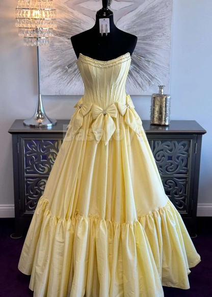 SP0172 Elegant Fuchsia Beaded Strapless A-Line Ball Gown with Bow Prom Dress