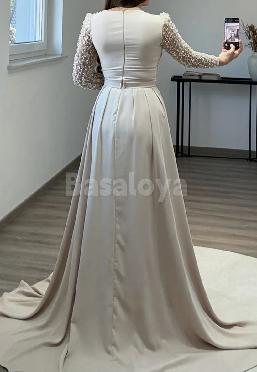 ED0066 Luxury Pearls Navy V-Neck Long Sleeves Evening Gown with Overskirt