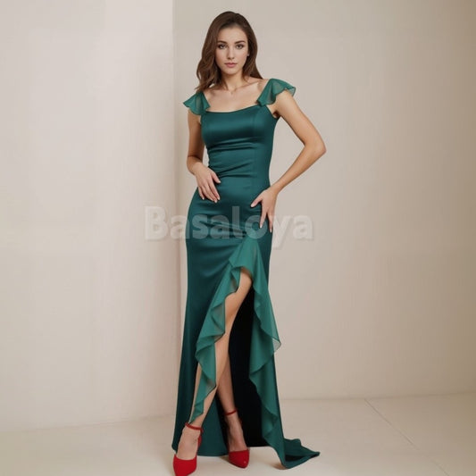 BM0005 Classic Green Cap Sleeves Sheath Ruffled Slit Bridesmaid Dress