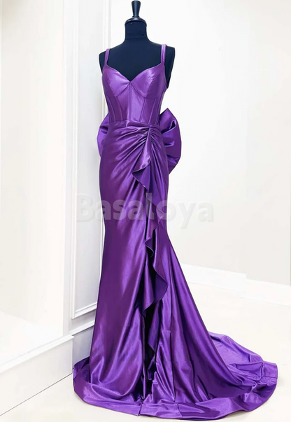 ED0047 Classic Purple Sweetheart Mermaid Evening Dress with Bow Train