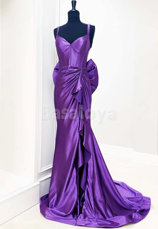 ED0047 Classic Purple Sweetheart Mermaid Evening Dress with Bow Train