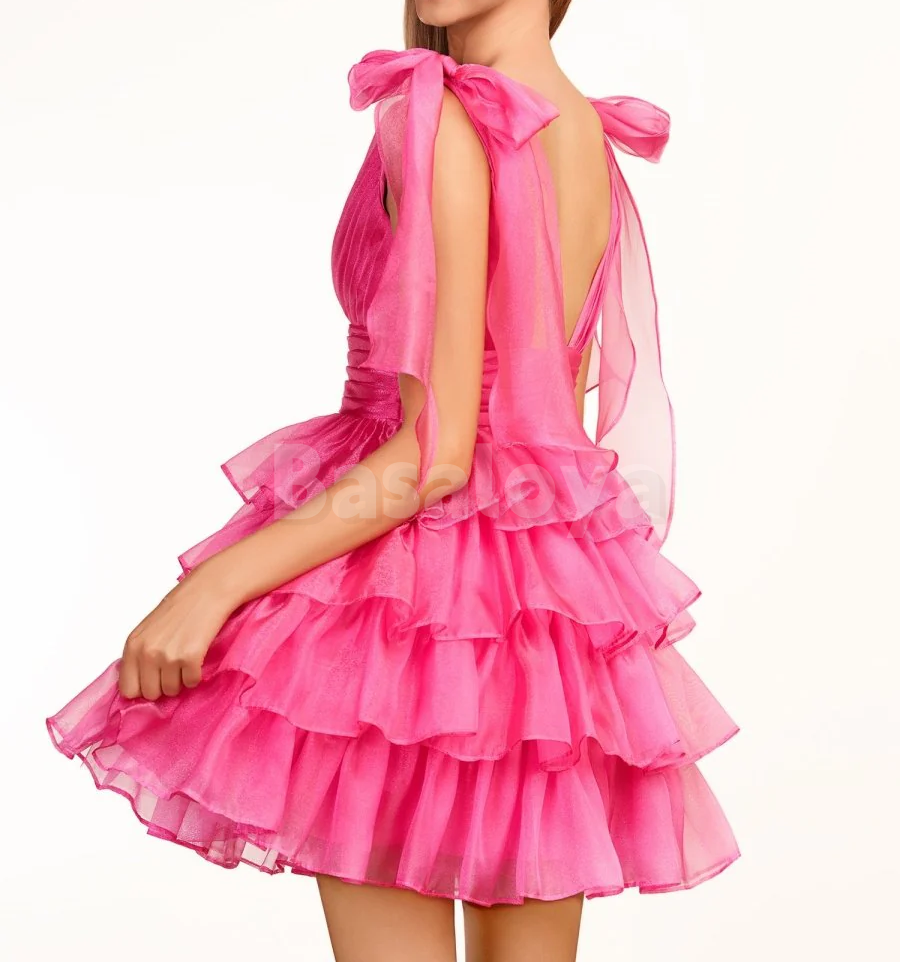 HM0135 Classic Black V-Neck A-Line Tiered Homecoming Gown with Bows