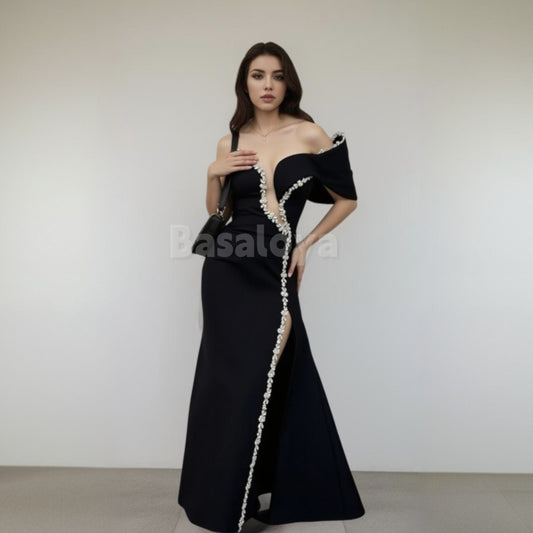 ED0035 Elegant Black One Shoulder Mermaid Evening Dress with Beaded