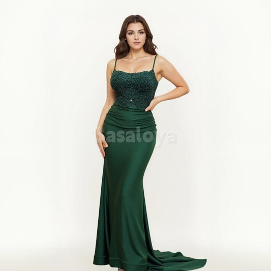 SP0030 Graceful Green Beaded Scoop Neck Mermaid Prom Dress with Applique