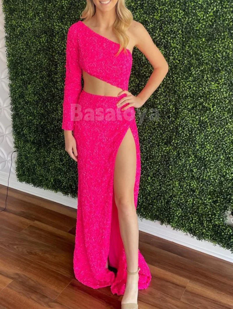 SP0153 Sparkly Burgundy One Shoulder Sheath Sequined Prom Dress with Slit