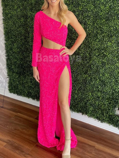 SP0153 Sparkly Burgundy One Shoulder Sheath Sequined Prom Dress with Slit