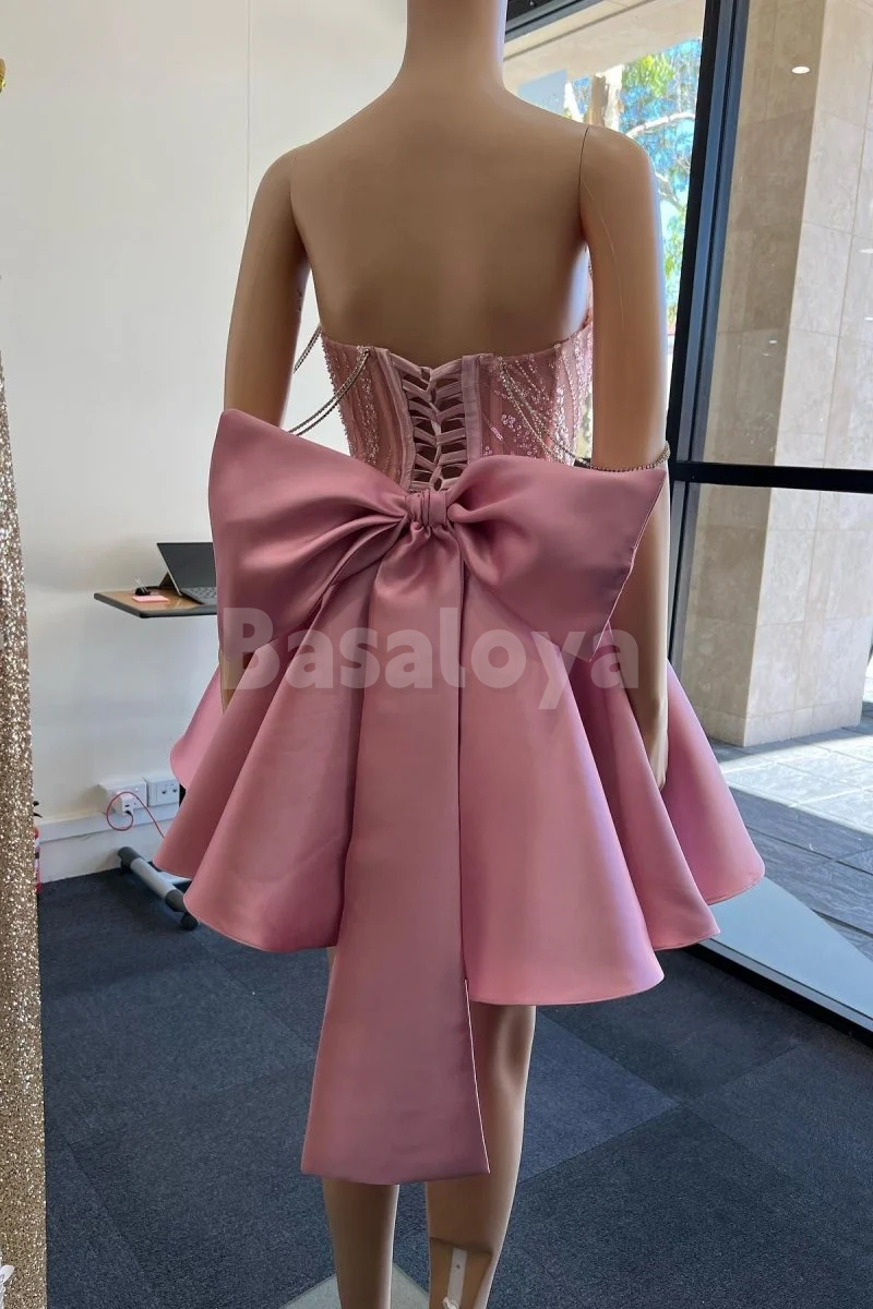 HM0150 Gorgeous Pink Pearls A-Line Sequin Satin Mini Party Dress with Bow