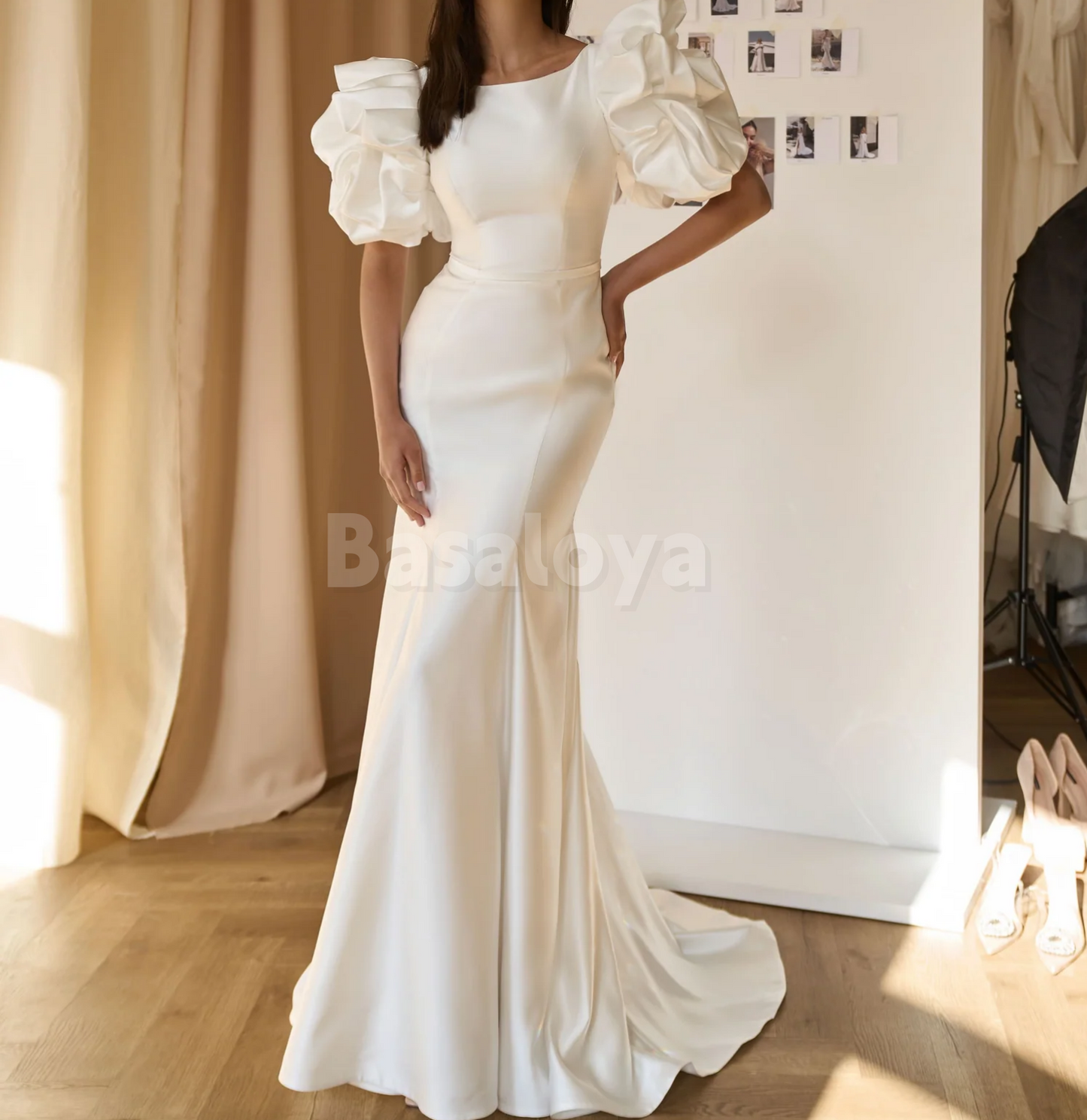 WD0147 Graceful White Scoop Neck Puff Sleeves Mermaid Wedding Gown
