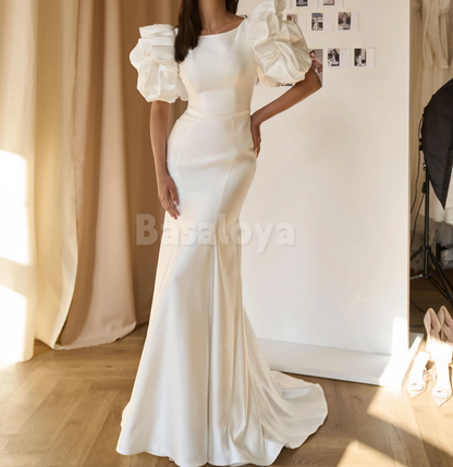 WD0147 Graceful White Scoop Neck Puff Sleeves Mermaid Wedding Gown