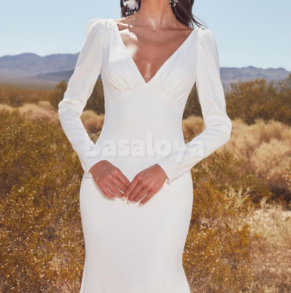 WD0175 Simple Long Sleeves V-Neck Mermaid Backless Wedding Gown with Train