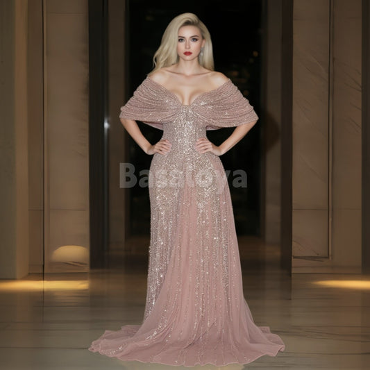 ED0002 Stunning Pink Beaded Off-Shoulder Straight Lace Evening Dress with Train