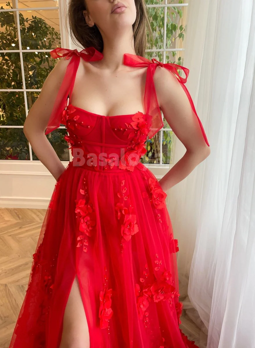 SP0155 Elegant 3D Floral Red A-Line Side Slit Prom Dress Party Gown with Bows