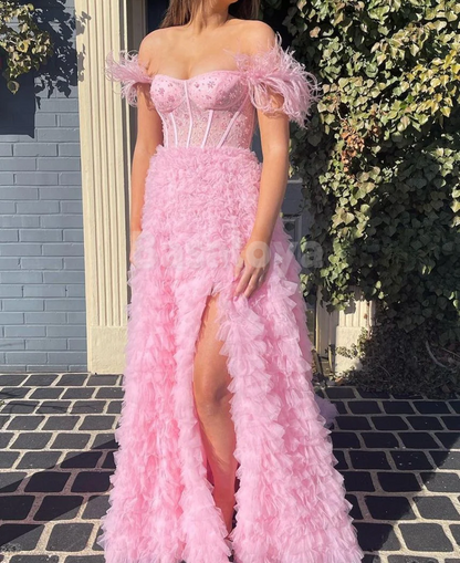 SP0167 Graceful Feathers Pink Off-Shoulder A-Line Tiered Prom Party Dress with Slit