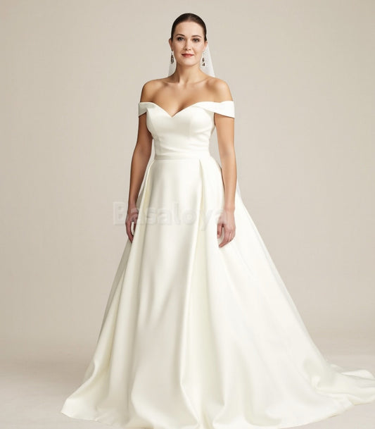 WD0002 Classic Off-Shoulder A-Line Satin Wedding Gown with Overskirt