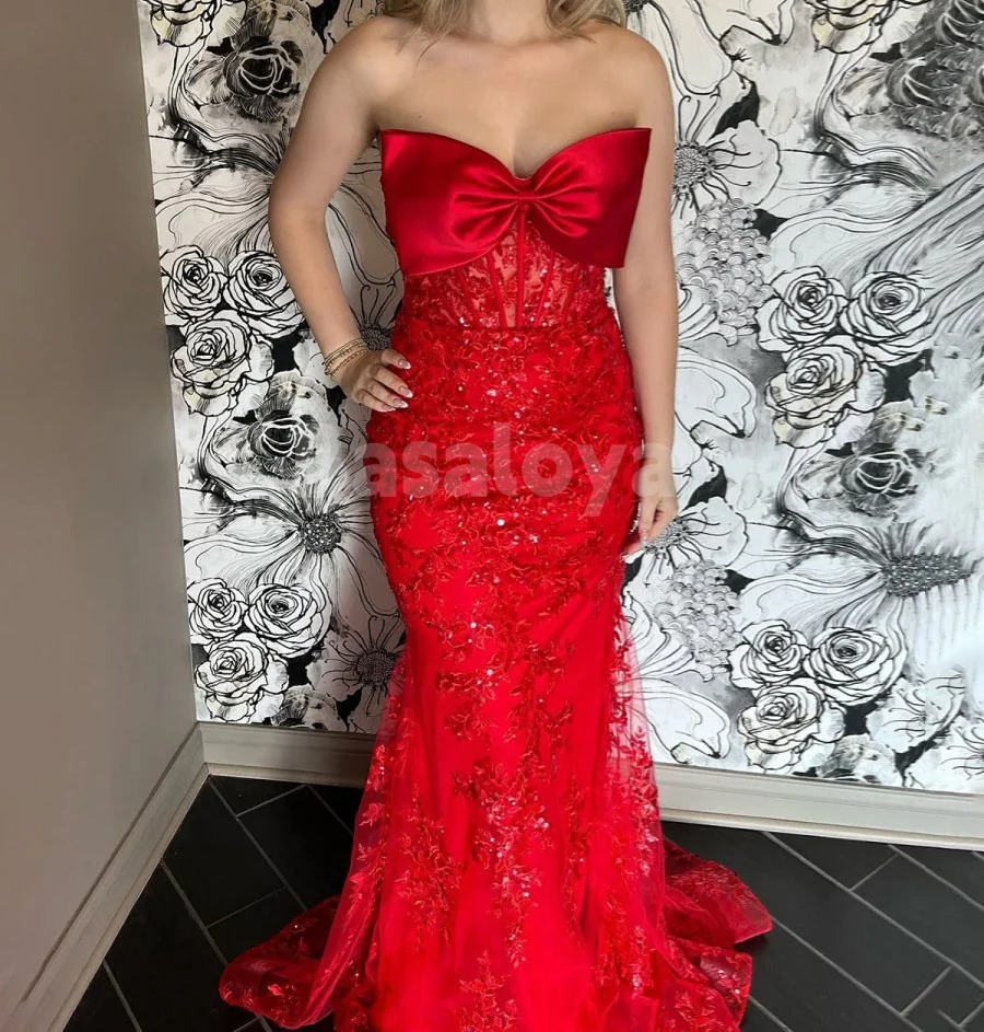 SP0177 Graceful Blue Strapless Mermaid Lace Appliques Prom Dress with Bow