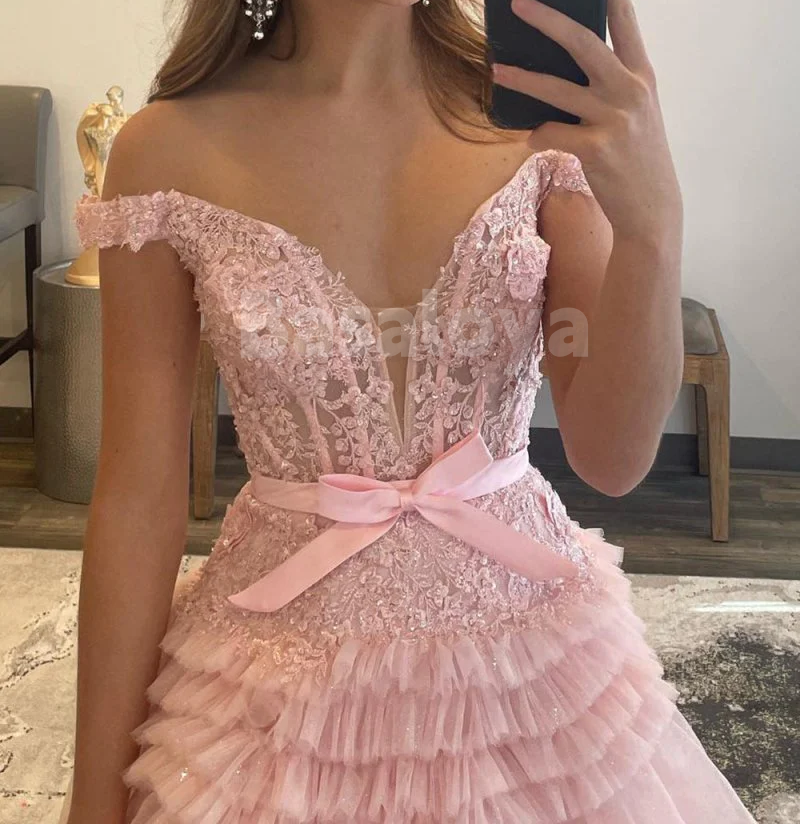 SP0149 Elegant Appliques Pink Off-Shoulder A-Line Tiered Prom Dress with Bow