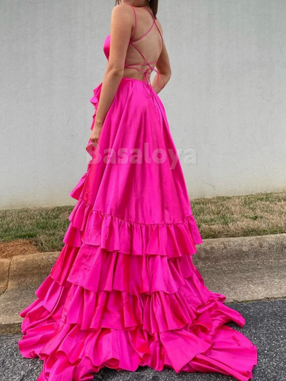 SP0148 Elegant Red Strapless A-Line Tiered Prom Dress with Slit