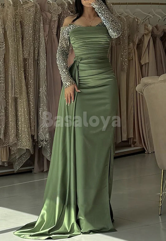 ED0079 Elegant Sage Green Long Sleeves Pearls Evening Dress with Train
