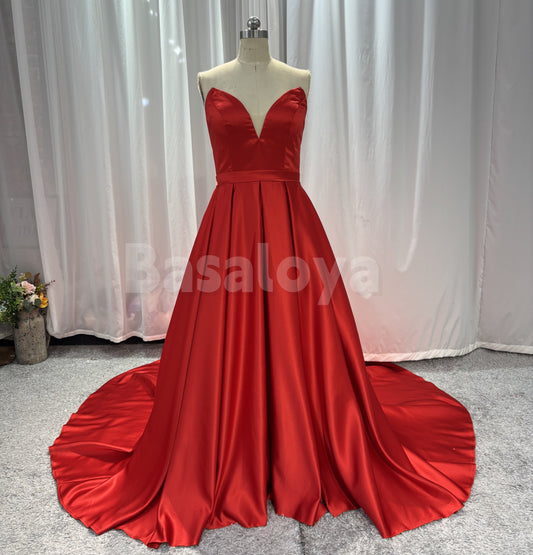 SP0166 Elegant Red V-Neck A-Line Side Slit Prom Evening Dress with Train