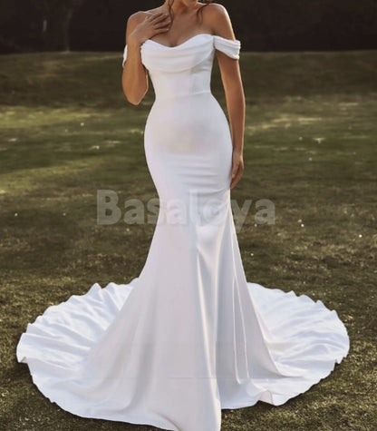 WD0031 Elegant White Off-Shoulder Mermaid Satin Wedding Dress with Train