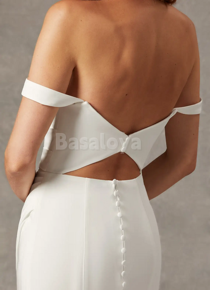 WD0089 Elegant White Off-Shoulder Sheath Pleats Wedding Dress with Slit