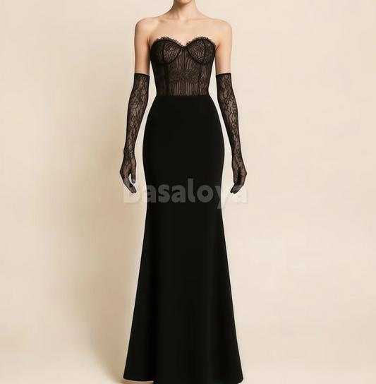 SP0286 Elegant Black Sweetheart Mermaid Applique Prom Formal Dress with Gloves