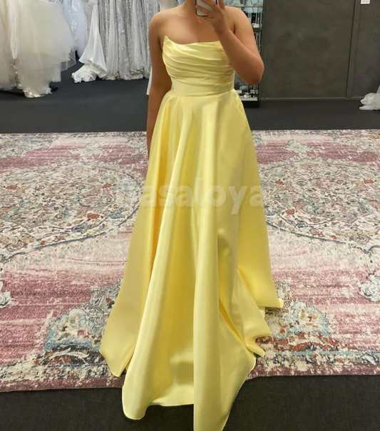 SP0169 Simple Yellow Strapless A-Line Pleated Long Prom Dress Formal Gown