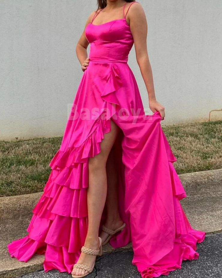 SP0148 Elegant Red Strapless A-Line Tiered Prom Dress with Slit