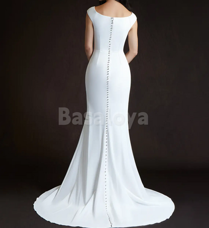 WD0110 Elegant White Scoop Neck Mermaid Bridal Wedding Dress with Train