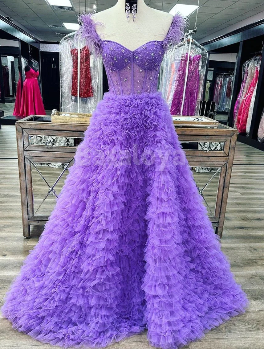 SP0167 Graceful Feathers Pink Off-Shoulder A-Line Tiered Prom Party Dress with Slit