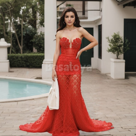 ED0025 Sexy Red Beaded Sweetheart Mermaid Evening Dress with Train