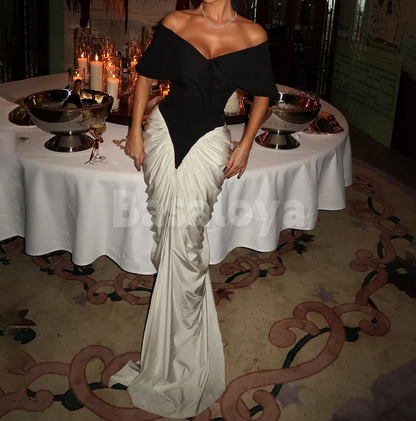 SP0283 Classic Black&White Off-Shoulder Mermaid Pleats Prom Evening Dress