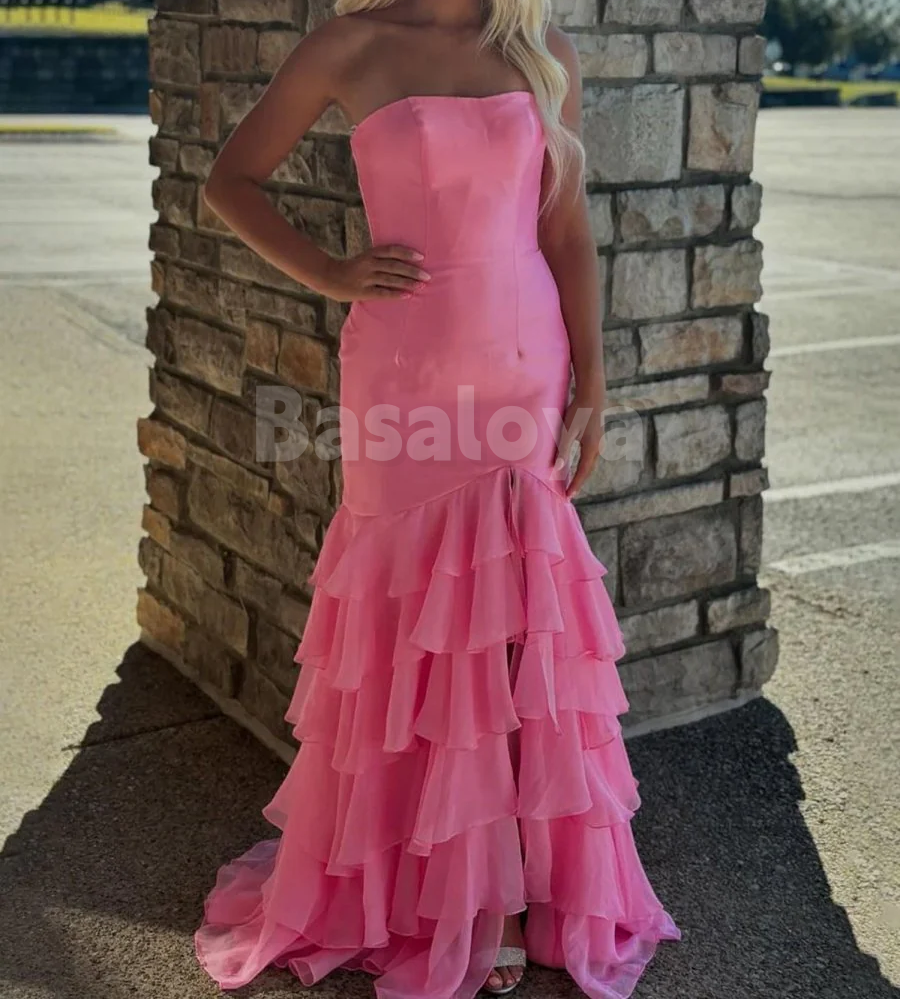 SP0199 Elegant Pink Tube Top Mermaid Tiered Prom Party Dress with Slit