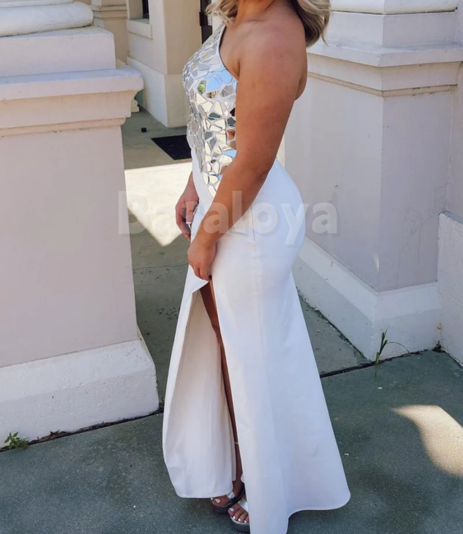 SP0179 Elegant Rinestone Royal Blue One Shoulder Bodycon Prom Dress with Slit