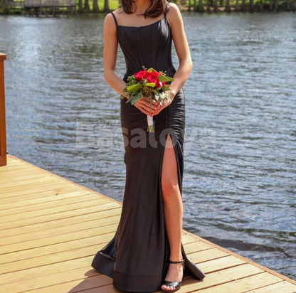 SP0196 Elegant Green Spaghetti Straps Mermaid Prom Formal Dress with Slit