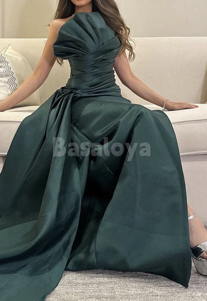 ED0075 Elegant Green Strapless Sheath Pleated Evening Dress with Slit