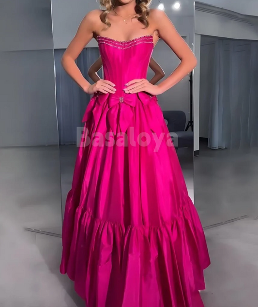 SP0172 Elegant Fuchsia Beaded Strapless A-Line Ball Gown with Bow Prom Dress