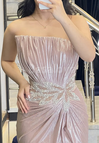 ED0070 Luxury Beaded Pink Strapless Evening Dress Party Gown with Slit
