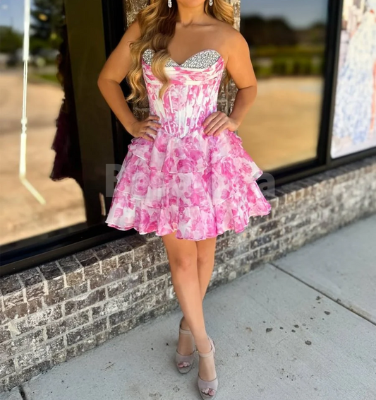 HM0044 Graceful Pink Printed A-Line Sweetheart Homecoming Gown with Beads