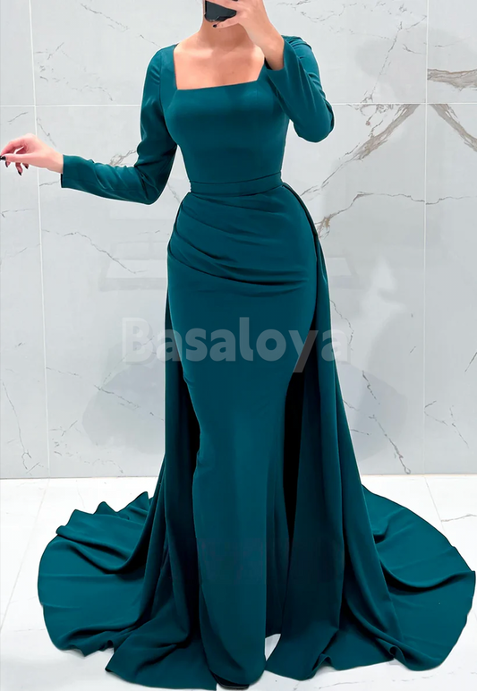 ED0053 Graceful Peacock Square Neck Long Sleeves Evening Dress with Overskirt