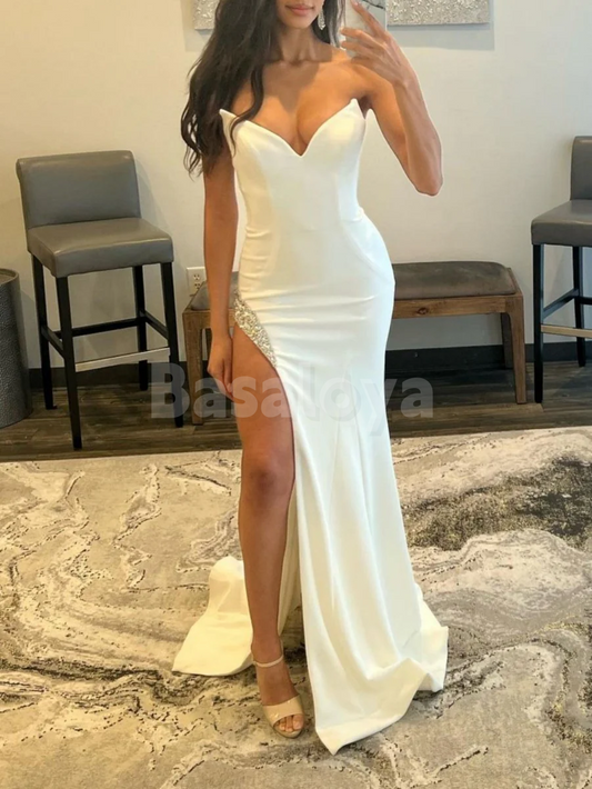 SP0207 Graceful White V-Neck Bodycon Beaded Satin Prom Dress with Slit